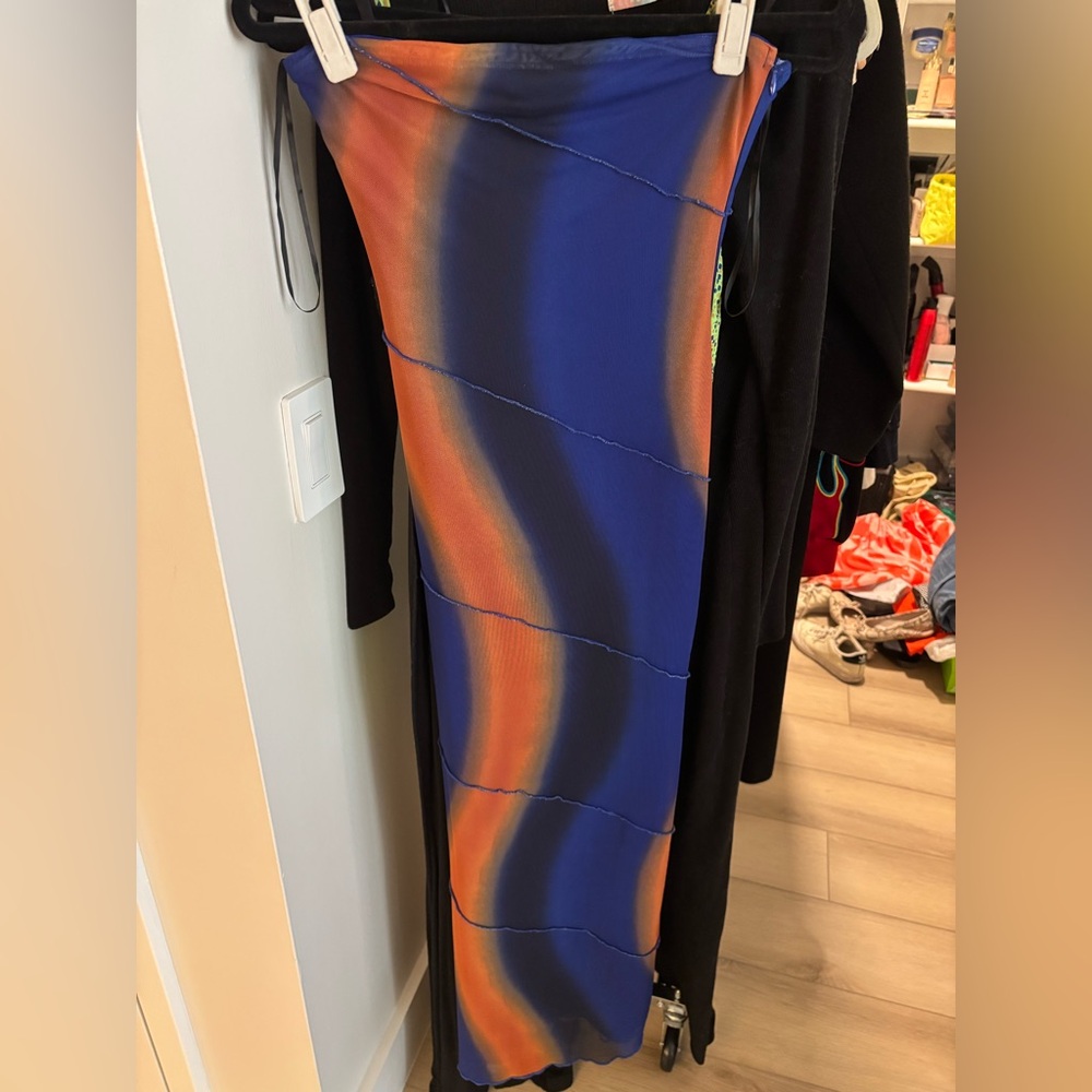 Vibrant Blue and Orange Mesh strapless bodycon dress